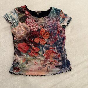 Suzie Couture Medium Mesh Top 90s Y2K Fairy Whimsigoth Butterfly Flower Baby Tee